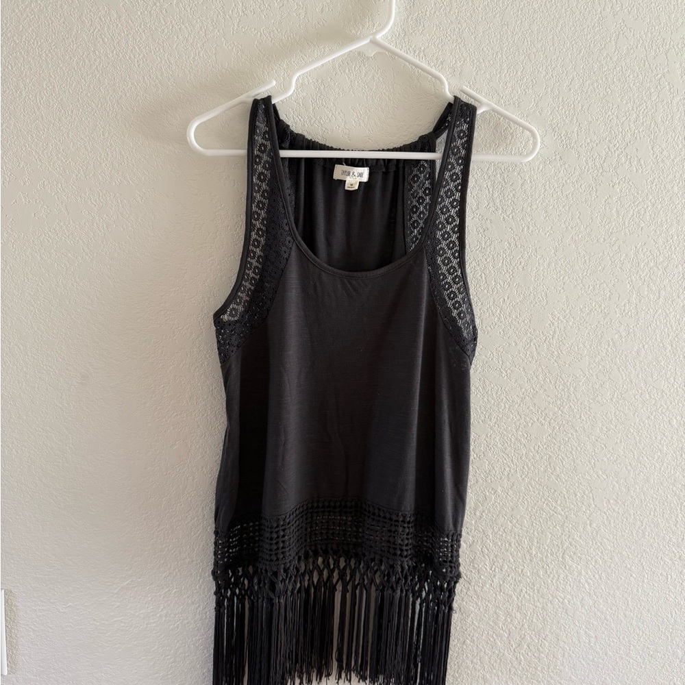 Taylor & Sage Dark Gray Sleeveless Fringe Tank